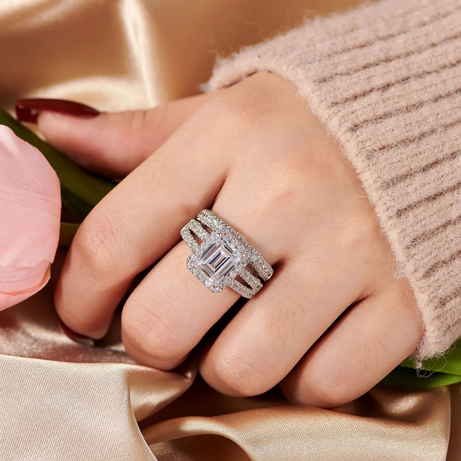 Newshe 925 Sterling Silver Vintage Emerald Cut AAAAA Cubic Zircon Wedding Engagement Rings for Women Bridal Set Fine Jewelry