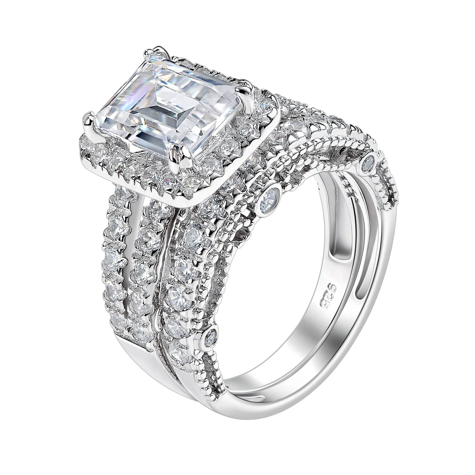 Newshe 925 Sterling Silver Vintage Emerald Cut AAAAA Cubic Zircon Wedding Engagement Rings for Women Bridal Set Fine Jewelry
