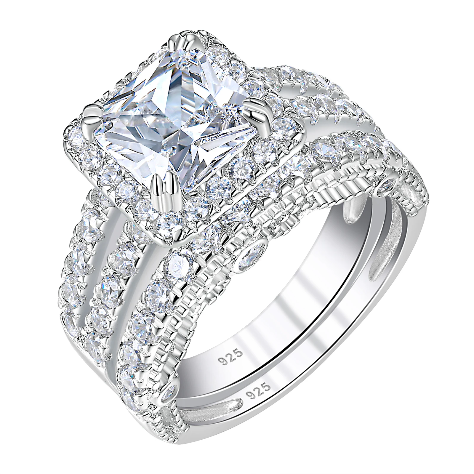 Newshe 925 Sterling Silver Vintage Emerald Cut AAAAA Cubic Zircon Wedding Engagement Rings for Women Bridal Set Fine Jewelry