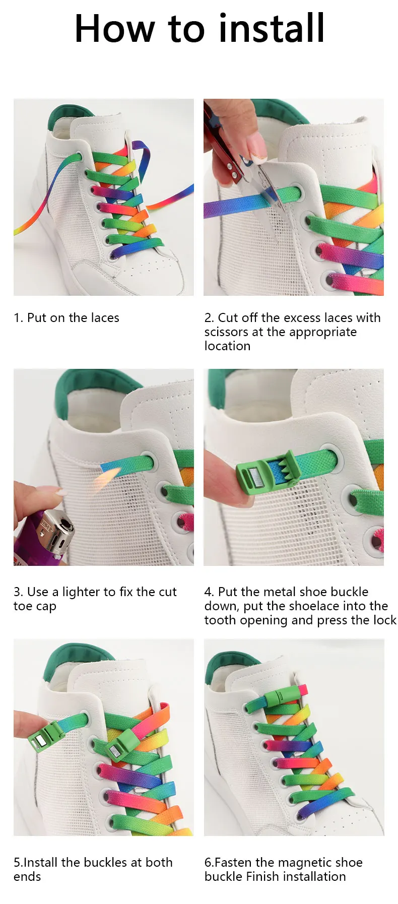 Rainbow Magnetic Lock Shoelaces Elastic Sneaker Laces Adults Kids 8MM Wide Flats Rubber No Tie Shoe laces Shoe Accessories
