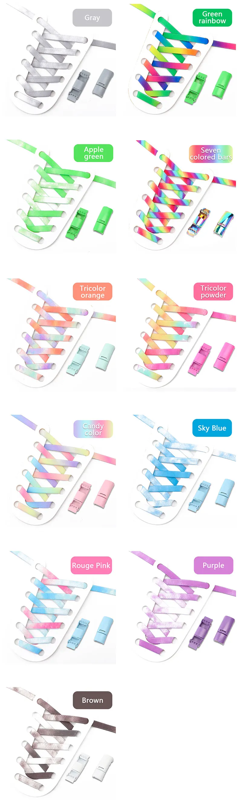 Rainbow Magnetic Lock Shoelaces Elastic Sneaker Laces Adults Kids 8MM Wide Flats Rubber No Tie Shoe laces Shoe Accessories