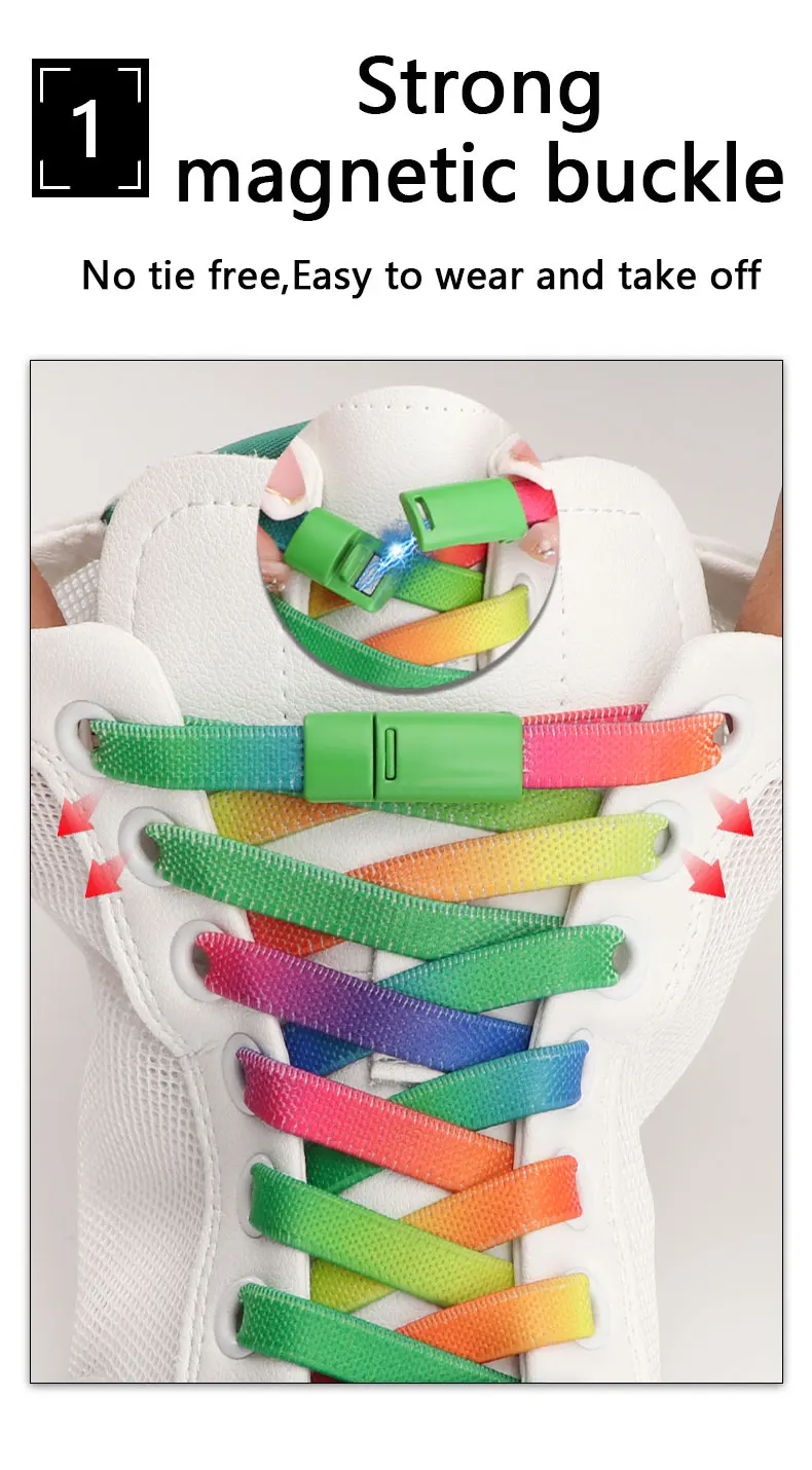 Rainbow Magnetic Lock Shoelaces Elastic Sneaker Laces Adults Kids 8MM Wide Flats Rubber No Tie Shoe laces Shoe Accessories