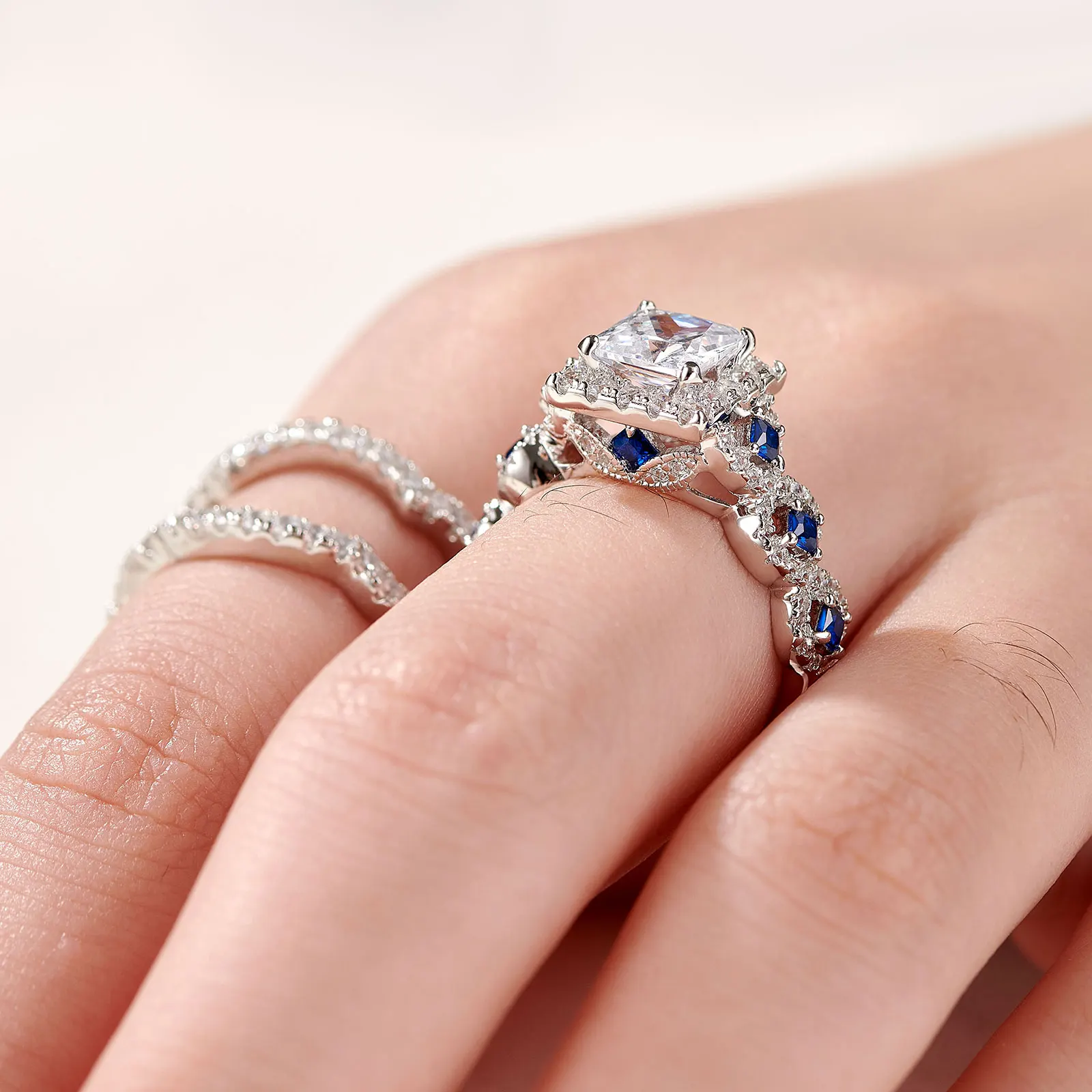Newshe 3 Pcs Wedding Rings Set for Women 925 Silver Princess Cut Certified Moissanite/Zircon Luxury Bridal Engagement Jewelry