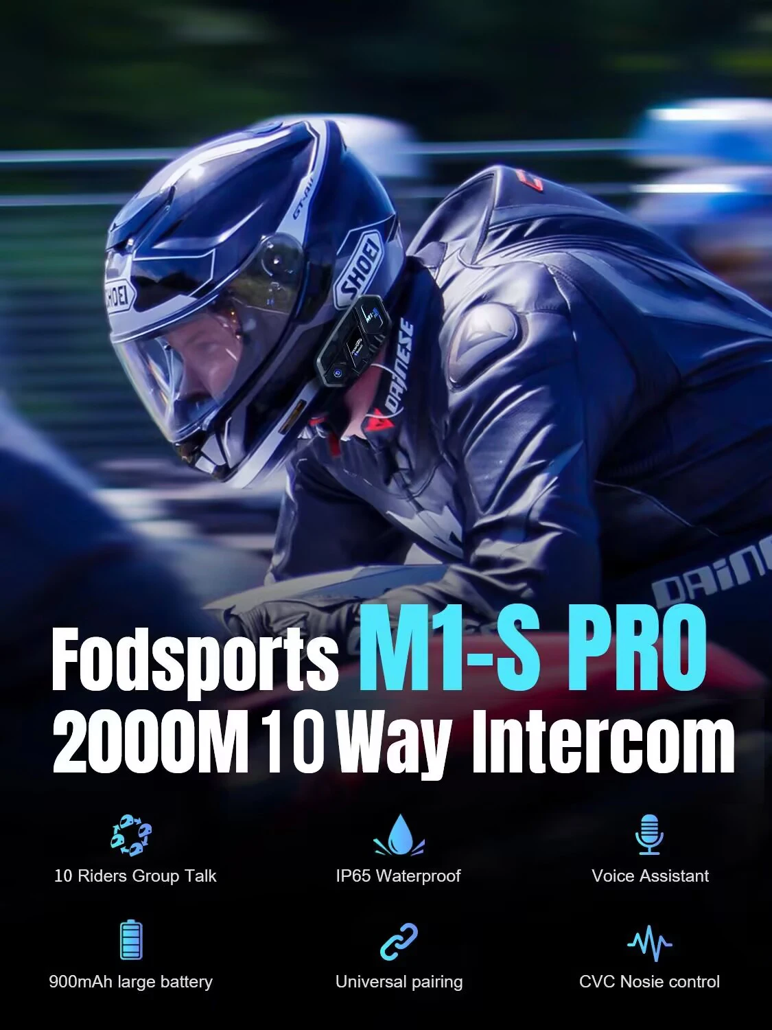 2pcs Fodsports M1-S Pro Motorcycle Helmet Intercom,Helmet Bluetooth Headset,10 Riders 2000M Interphone