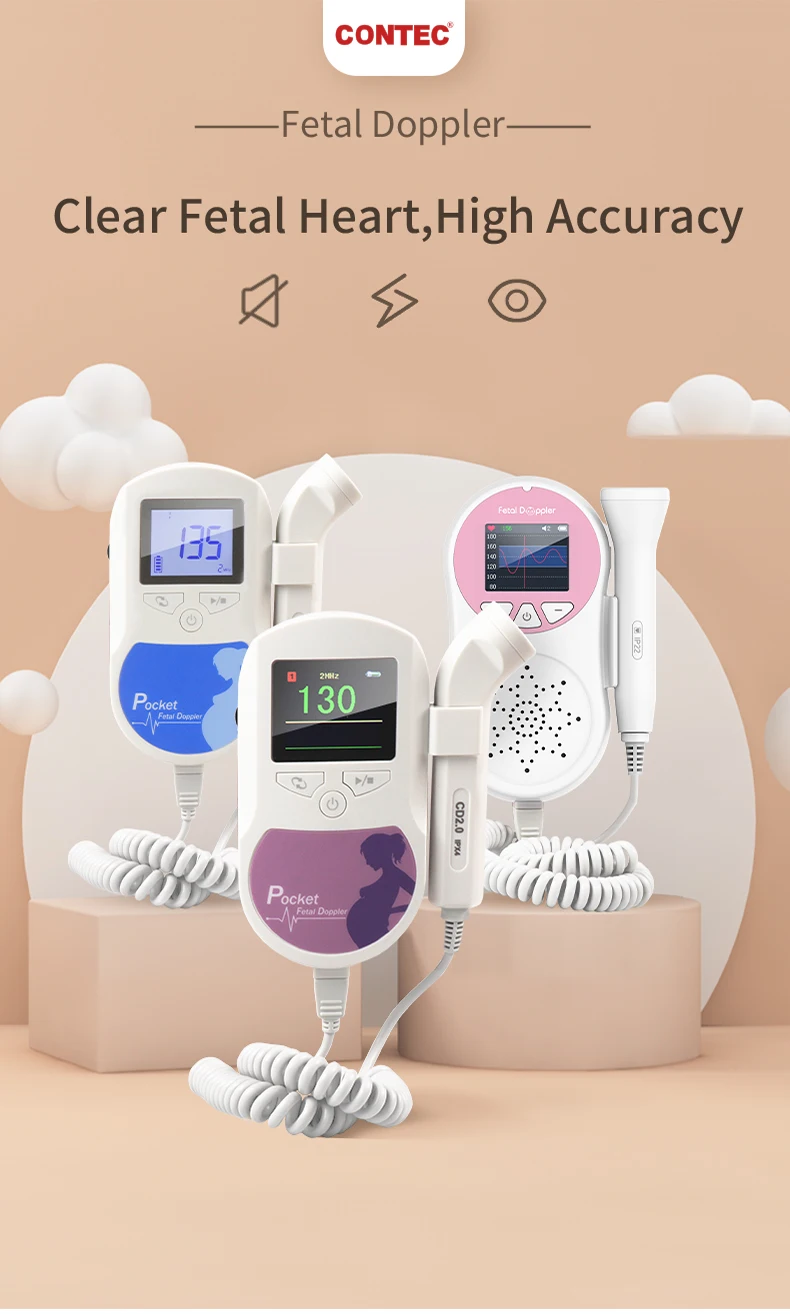CONTEC Fetal Doppler Heart Beat Monitor Backlight LCD Pink Colour with 2Mhz 3mhz 8Mhz Probe Baby Heart Beat Monitor Probe