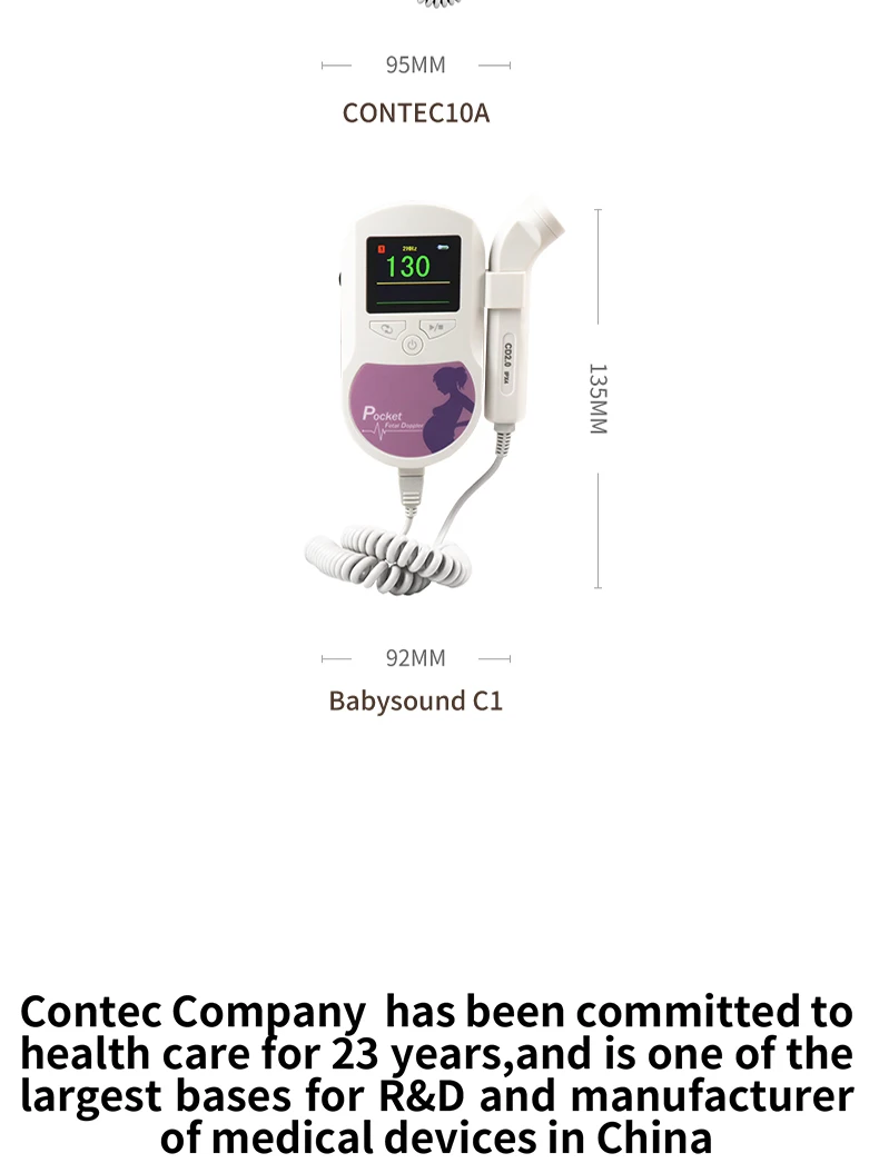 CONTEC Fetal Doppler Heart Beat Monitor Backlight LCD Pink Colour with 2Mhz 3mhz 8Mhz Probe Baby Heart Beat Monitor Probe