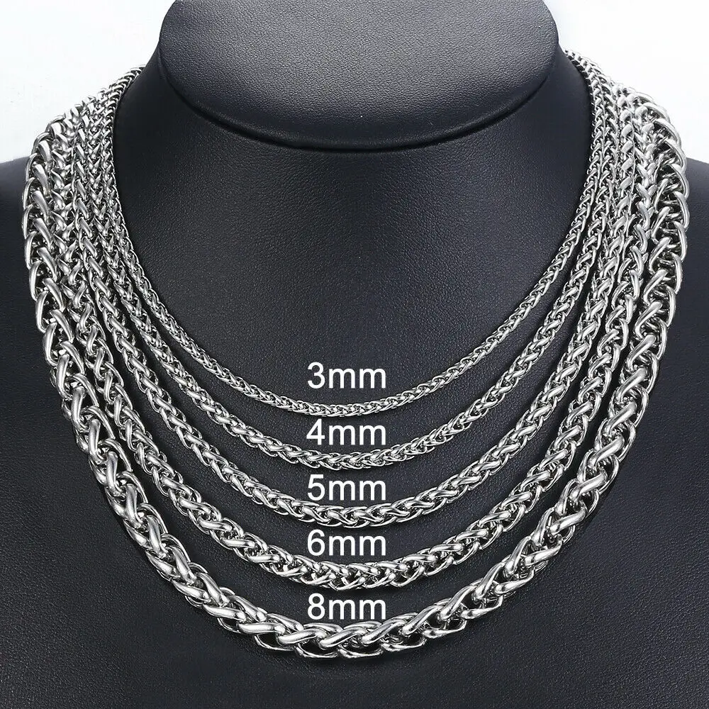 3/4/5/6/8mm Braided Wheat Link Chain For Men Women Stainless Steel Spiga Franco Necklace Hip Hop Jewelry 18-24inch dropshipping