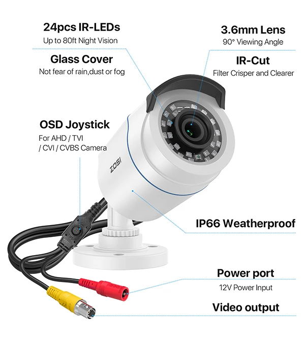 ZOSI HD 1080P 2MP H.265 4-in-1 CCTV Video Home Security IR Night Vision Weatherproof Bullet Camera for Surveillance System