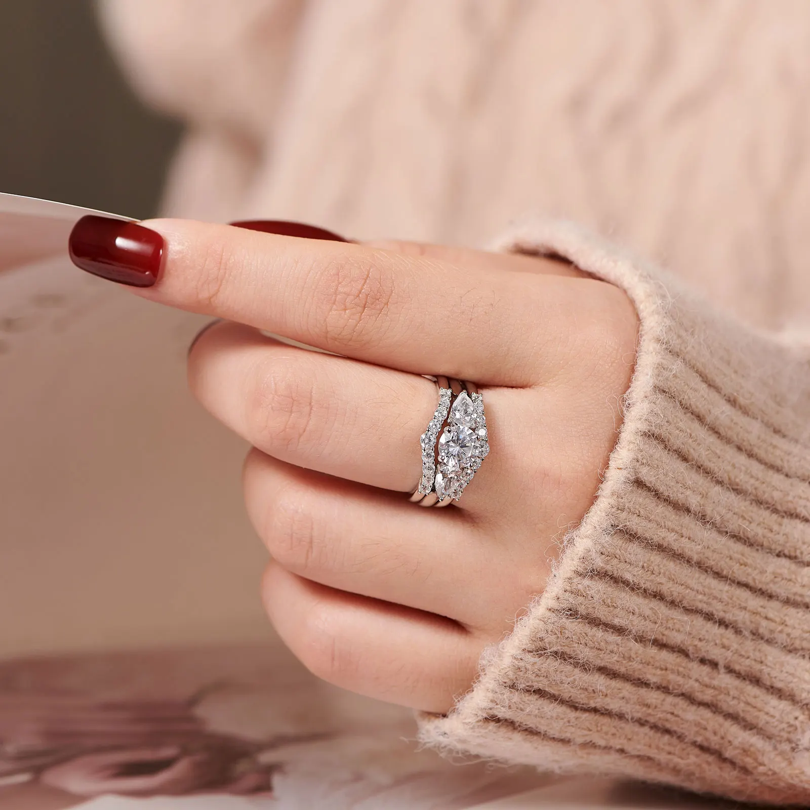 Newshe 3Pcs Wedding Engagement Ring Set for Women Simulated Diamond Round Pear Cut AAAAA CZ 925 Sterling Silver Fine Jewelry