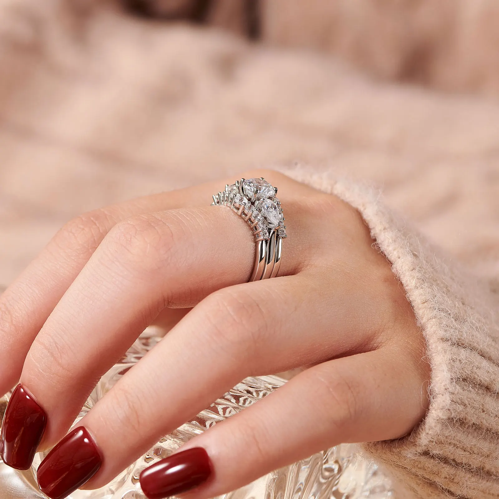 Newshe 3Pcs Wedding Engagement Ring Set for Women Simulated Diamond Round Pear Cut AAAAA CZ 925 Sterling Silver Fine Jewelry