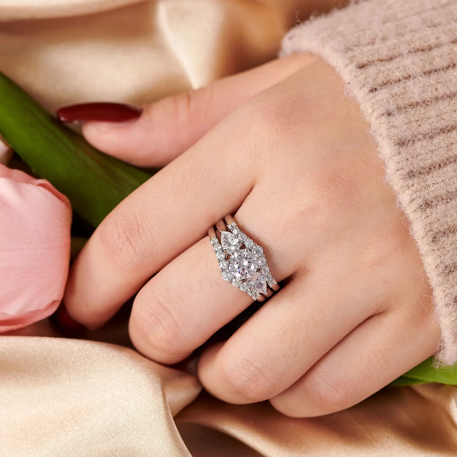 Newshe 3Pcs Wedding Engagement Ring Set for Women Simulated Diamond Round Pear Cut AAAAA CZ 925 Sterling Silver Fine Jewelry
