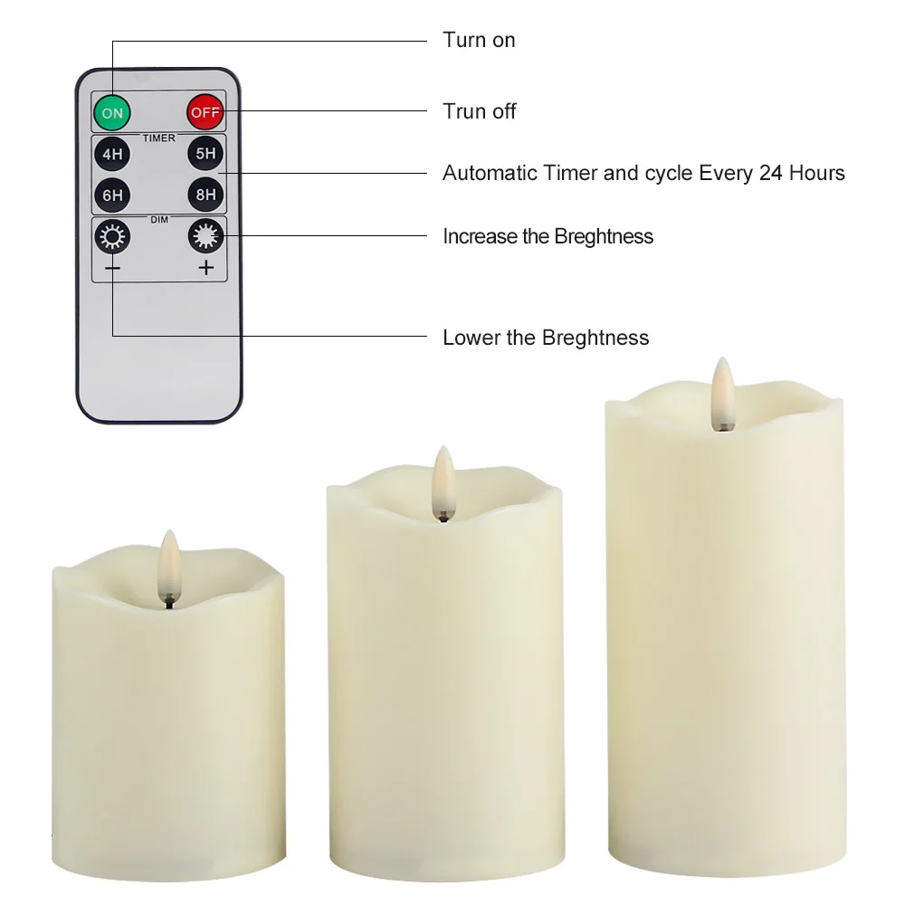 Pack of 3 Remote Control New Year Candles,Timed Flameless LED Candle Light Valentine's Day Party Home Decor Easter Candle