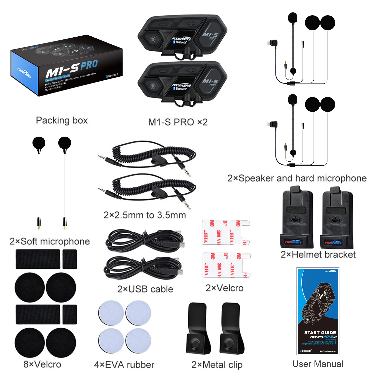 2pcs Fodsports M1-S Pro Motorcycle Helmet Intercom Wireless Bluetooth Headset Moto Interphone,10 Riders.