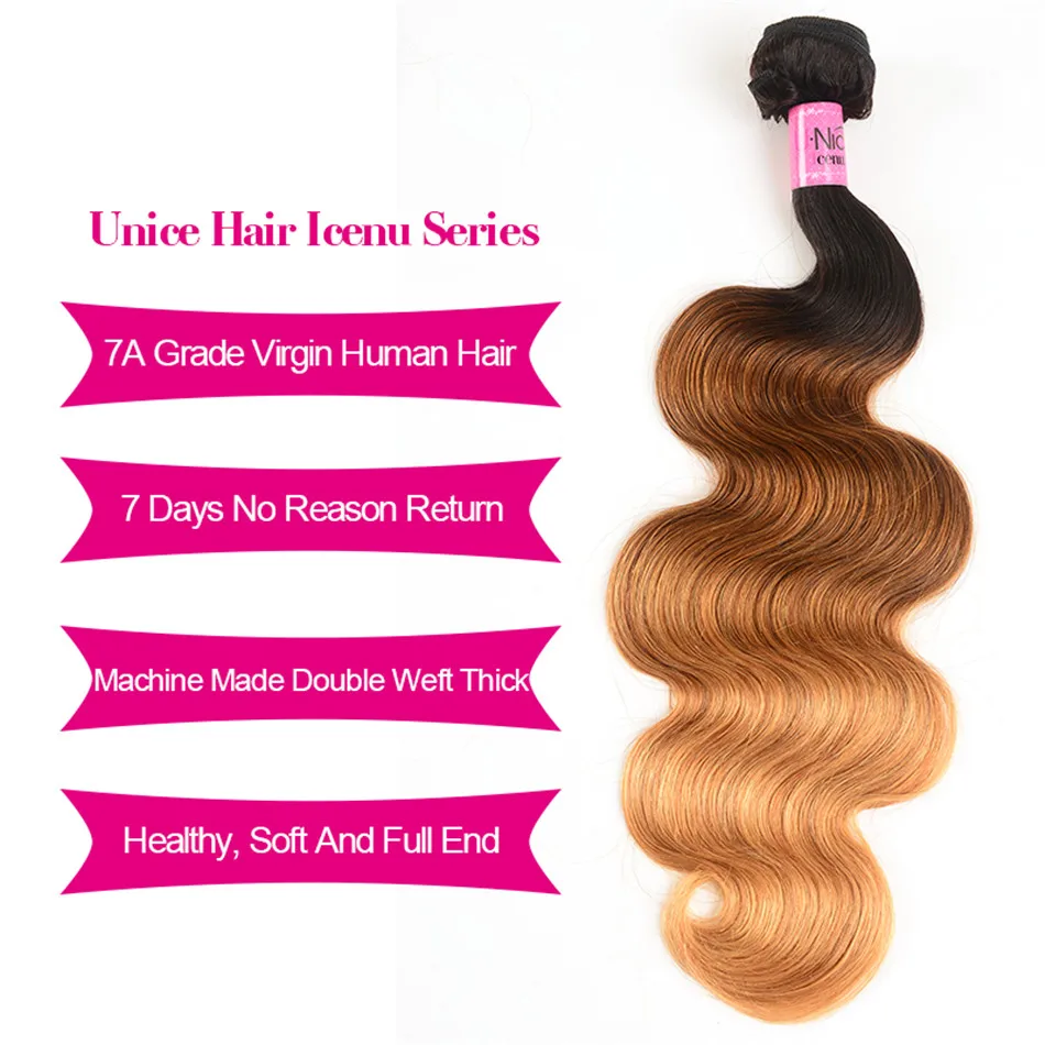 UNICE HAIR Ombre Hair Bundles Brazilian Body Wave 3 Bundles 100% Human Hair Weaves Remy Hair Extension 16-26inch Free Shipping