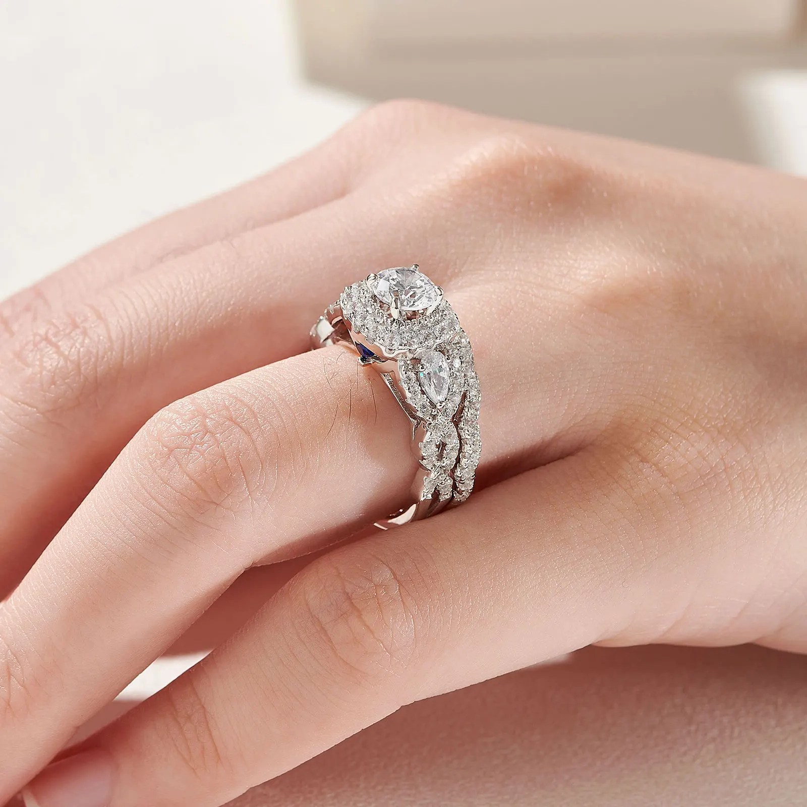 Newshe 2 Pcs Wedding Rings Set for Women 925 Sterling Silver 2.4Ct Round Pear White Cz Luxury Original Engagement Jewelry