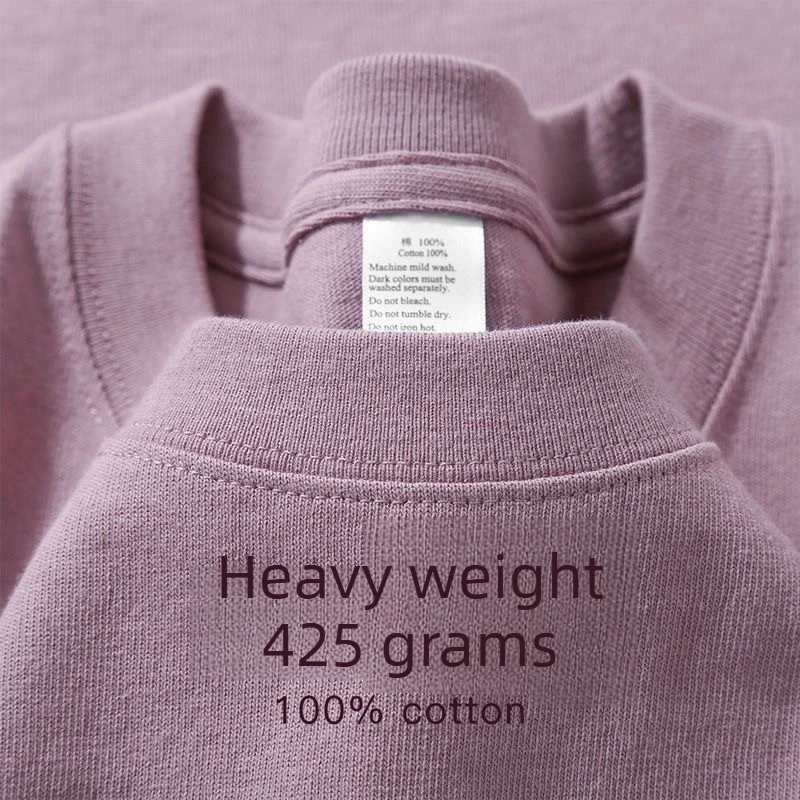 Summer Light Purple 425 grams Men T Shirt Heavy Cotton Short-sleeved T-shirt Loose Men's and Women's Casual Half-sleeves Tee