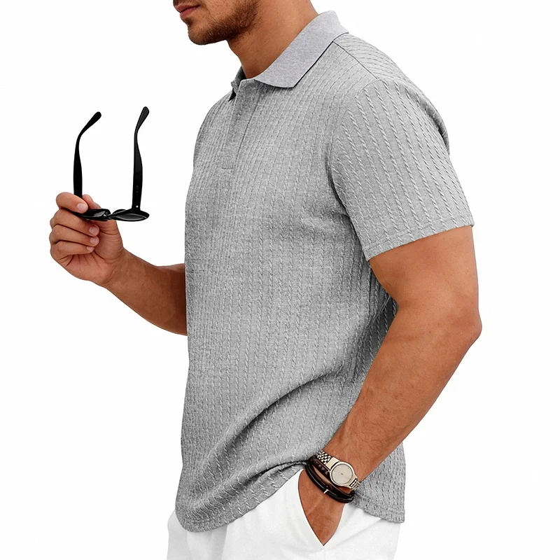 Men's knitted textured simple short-sleeve polo shirt, casual golf business top, suitable for summer daily wear