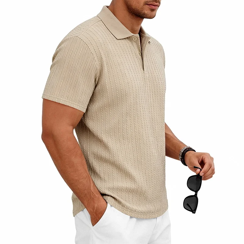 Men's knitted textured simple short-sleeve polo shirt, casual golf business top, suitable for summer daily wear