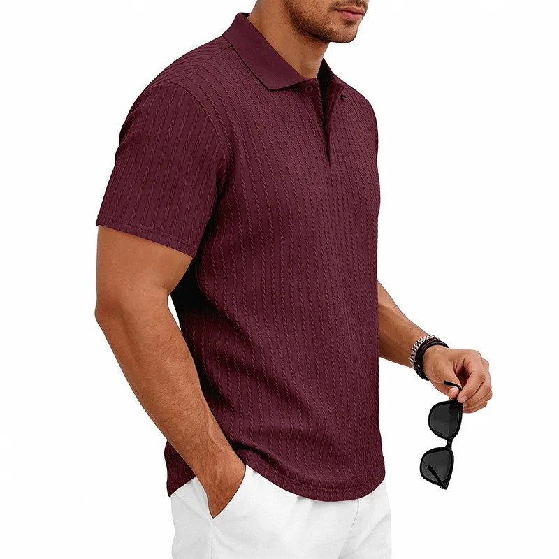 Men's knitted textured simple short-sleeve polo shirt, casual golf business top, suitable for summer daily wear