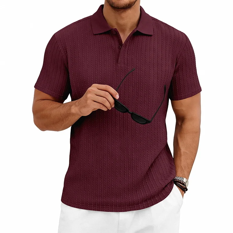 Men's knitted textured simple short-sleeve polo shirt, casual golf business top, suitable for summer daily wear