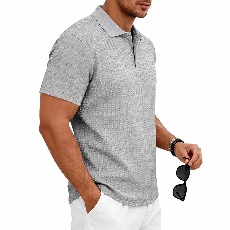 Men's knitted textured simple short-sleeve polo shirt, casual golf business top, suitable for summer daily wear