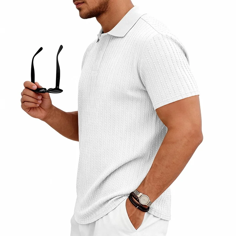 Men's knitted textured simple short-sleeve polo shirt, casual golf business top, suitable for summer daily wear