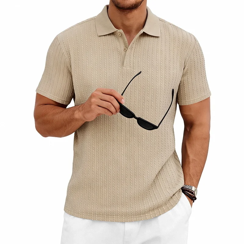 Men's knitted textured simple short-sleeve polo shirt, casual golf business top, suitable for summer daily wear