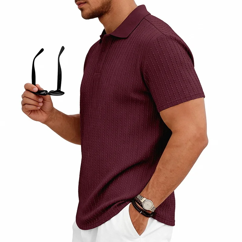 Men's knitted textured simple short-sleeve polo shirt, casual golf business top, suitable for summer daily wear