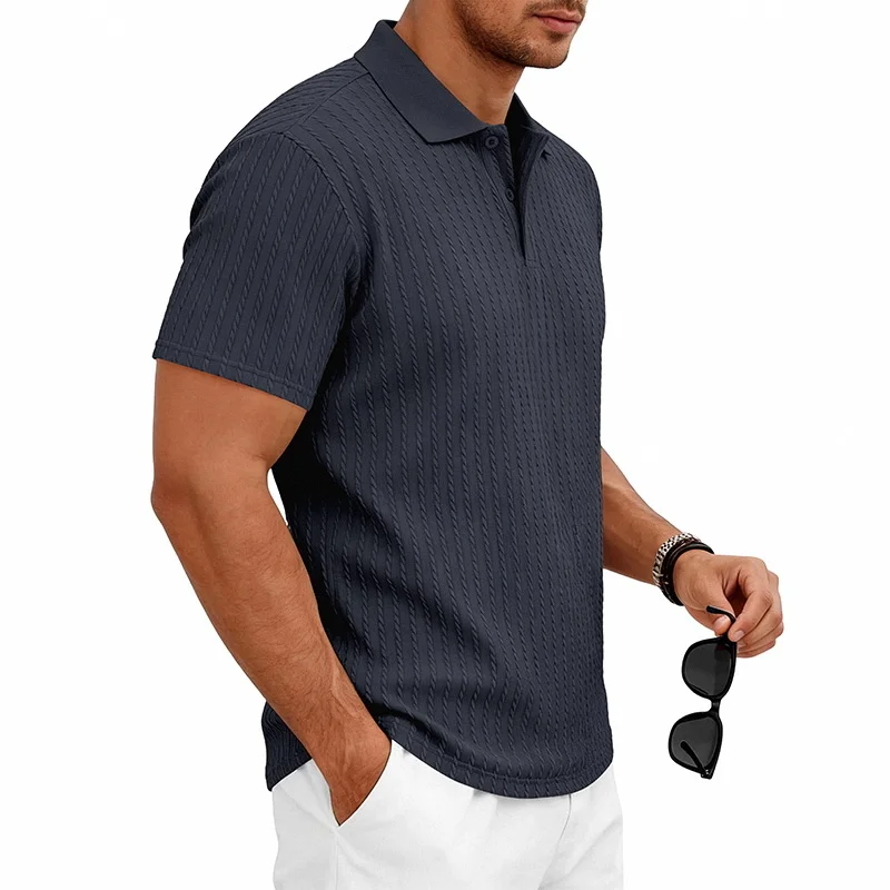 Men's knitted textured simple short-sleeve polo shirt, casual golf business top, suitable for summer daily wear