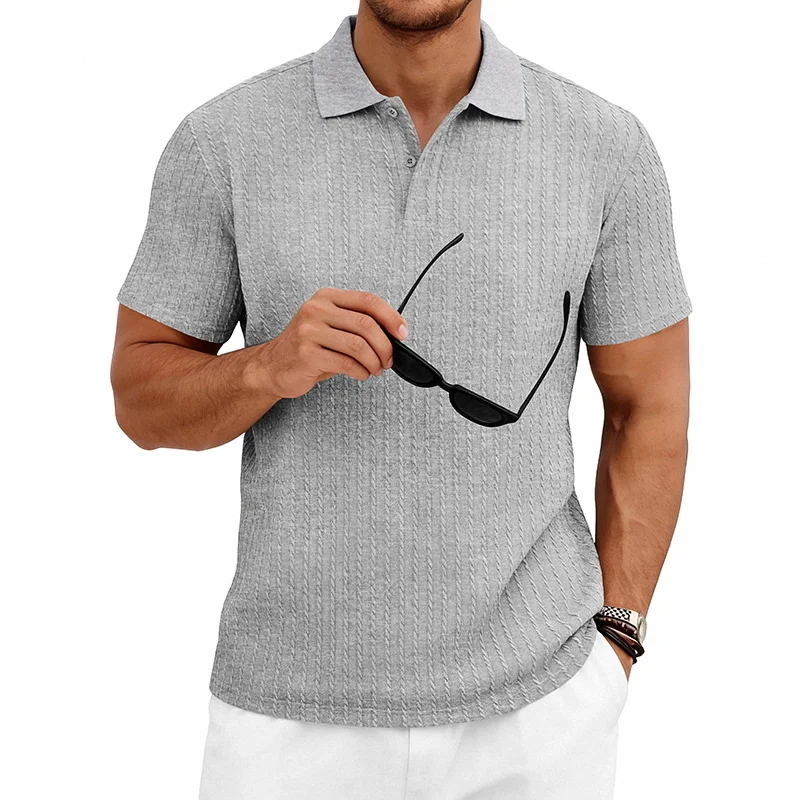 Men's knitted textured simple short-sleeve polo shirt, casual golf business top, suitable for summer daily wear