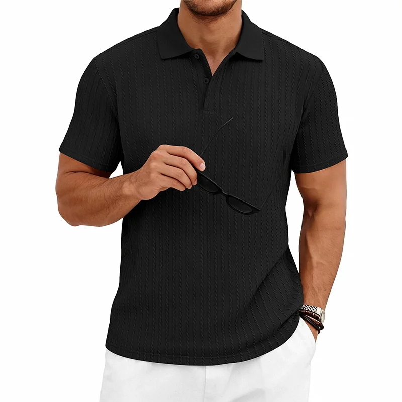 Men's knitted textured simple short-sleeve polo shirt, casual golf business top, suitable for summer daily wear