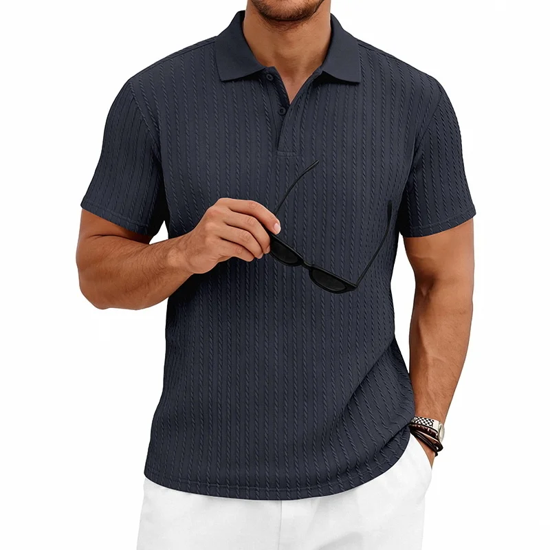 Men's knitted textured simple short-sleeve polo shirt, casual golf business top, suitable for summer daily wear