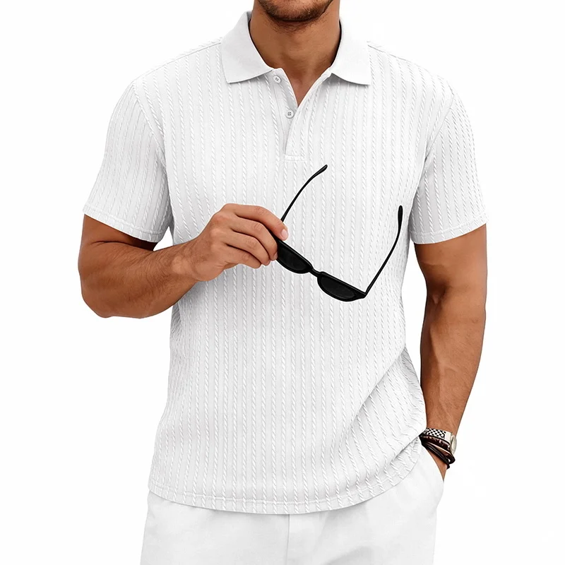 Men's knitted textured simple short-sleeve polo shirt, casual golf business top, suitable for summer daily wear