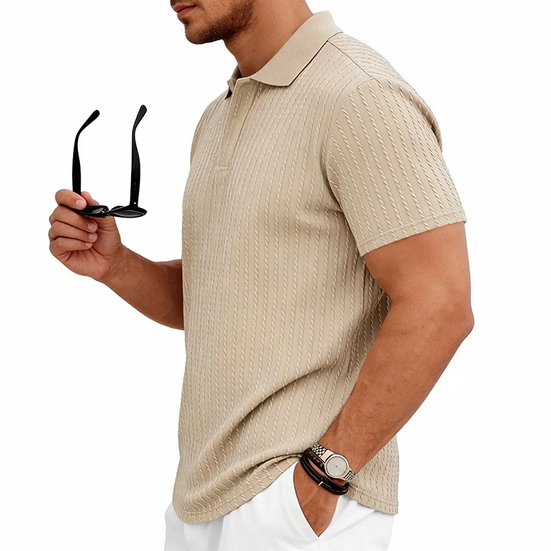 Men's knitted textured simple short-sleeve polo shirt, casual golf business top, suitable for summer daily wear
