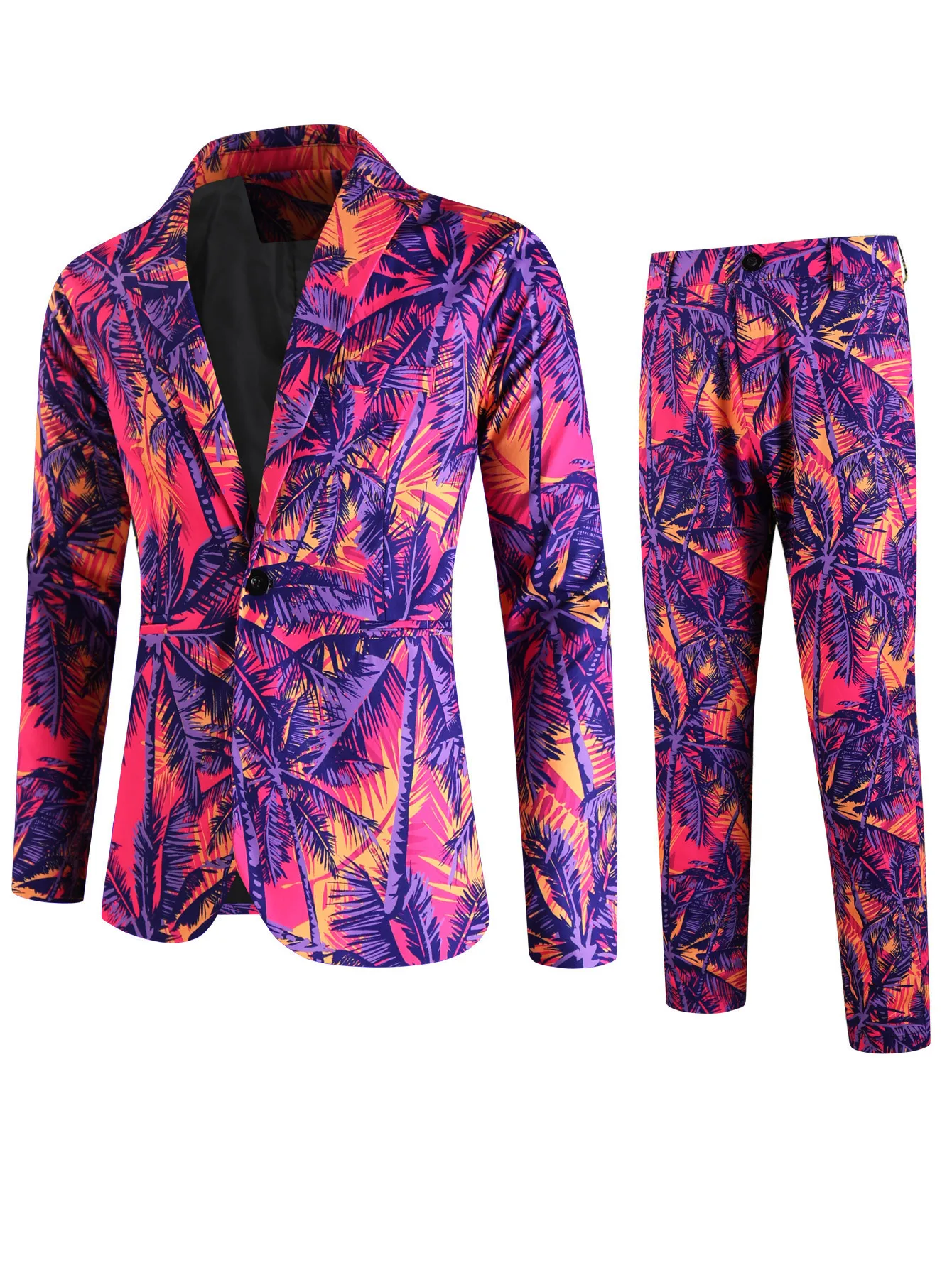 Vibrant Pink Purple Yellow Palm Tree Print Men's Suit 2 Piece Slim Fit Blazer Pants for Beach Wedding