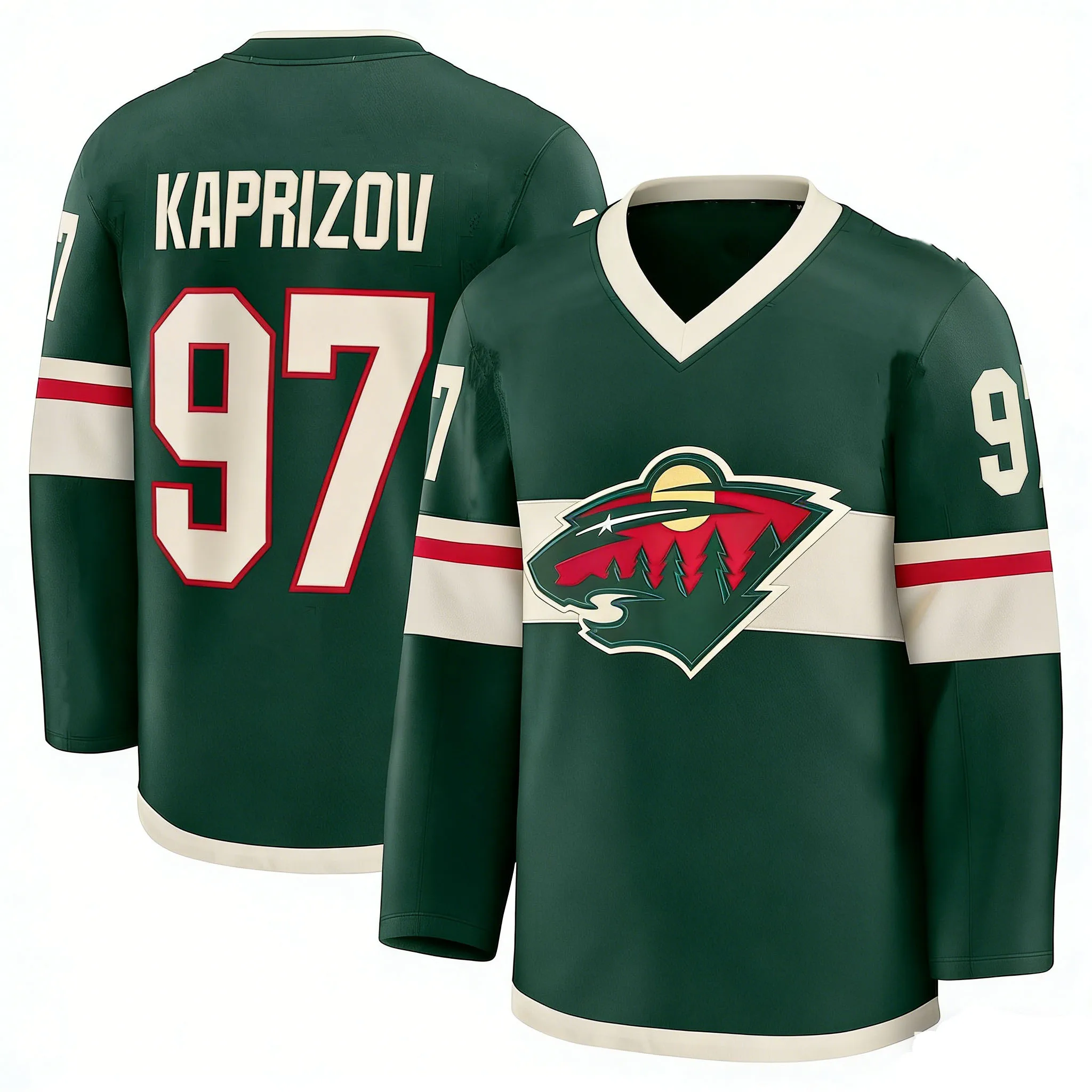 2026 Ice Hockey Jersey White Green Red Striped Forest Logo 3D Print Long Sleeve Fan Sports Shirt