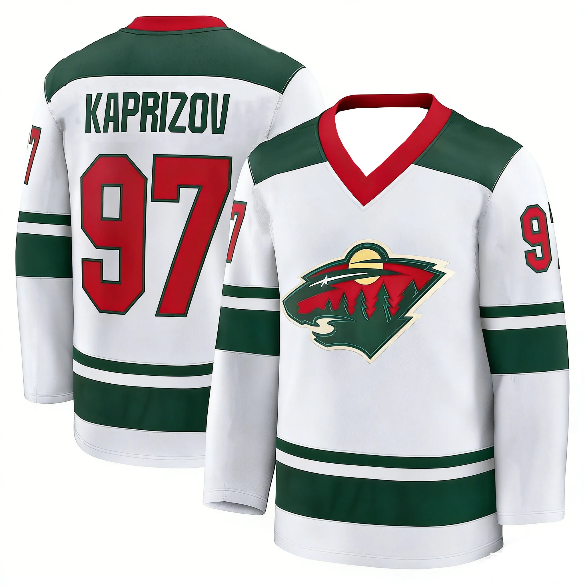 2026 Ice Hockey Jersey White Green Red Striped Forest Logo 3D Print Long Sleeve Fan Sports Shirt