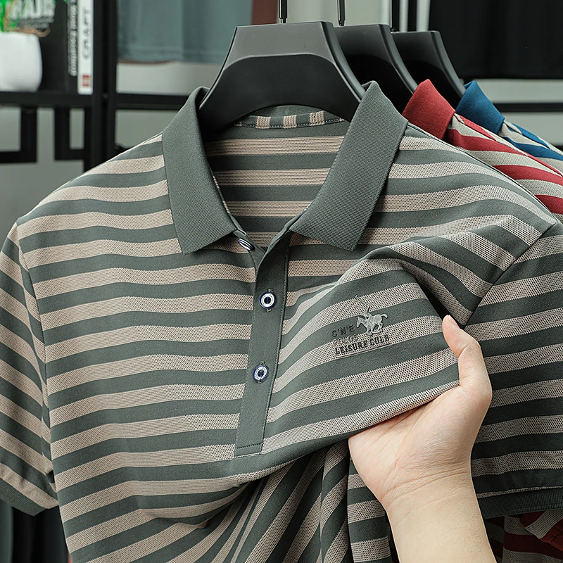 Spring New Men's Collar Polo Shirt Striped Cool Breathable T-shirt Base Shirt