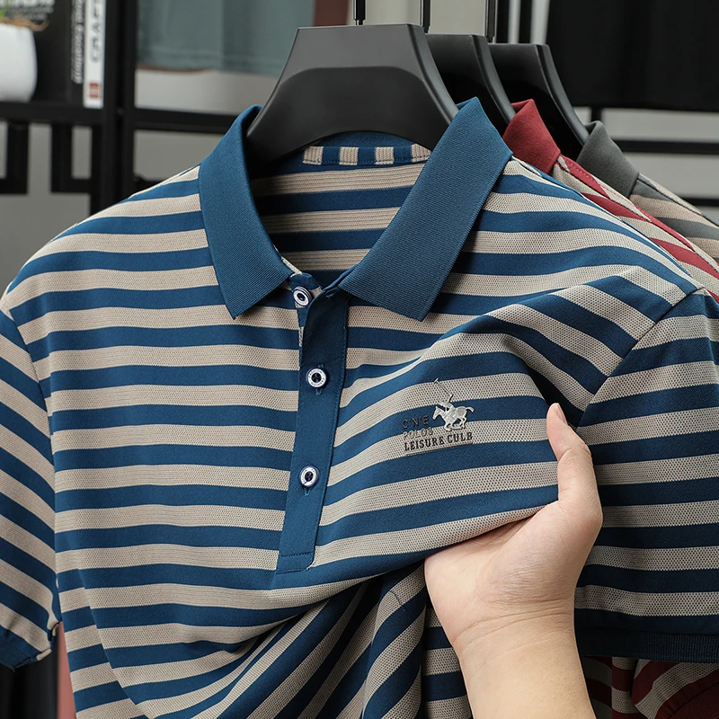 Spring New Men's Collar Polo Shirt Striped Cool Breathable T-shirt Base Shirt