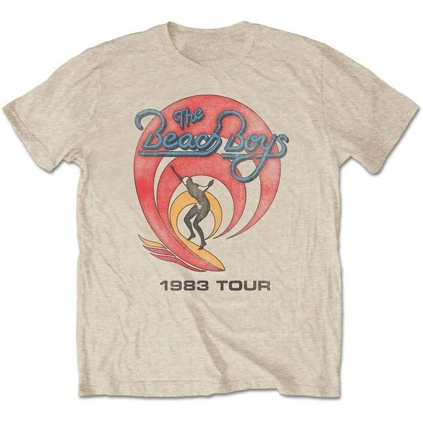 The Beach Boys Vintage 1983 Tour Graphic Cotton T-Shirt Unisex Surf Rock Style Distressed Oatmeal Short Sleeve Top