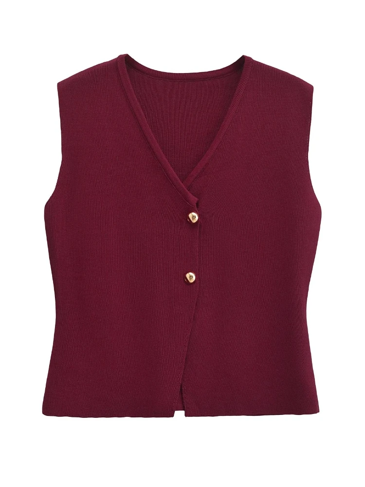 2026 Spring Summer Gold Button Decor Tank Tops Women's Fashion V-Neck Sleeveless Vests Casual All-Match Plain Knit Camis