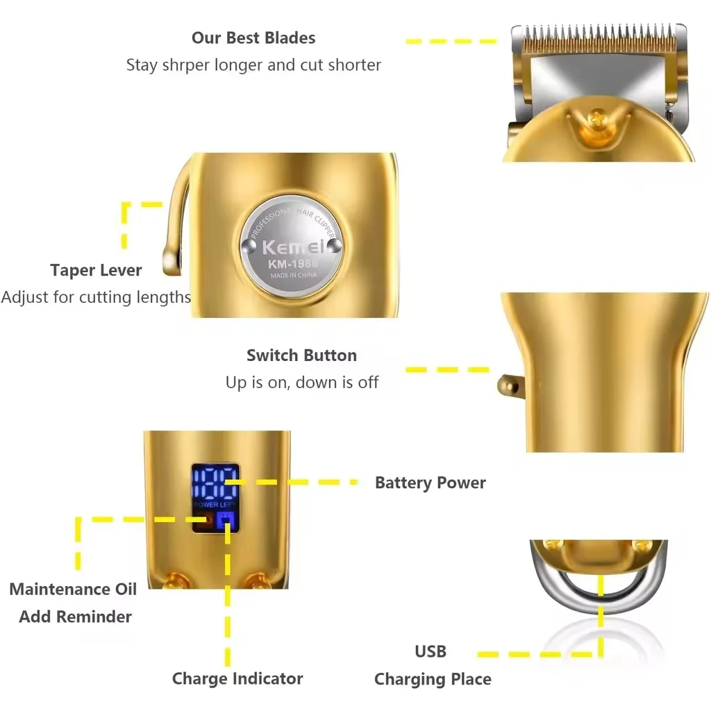Kemei KM-1986 Gold Or Sliver Hair Trimmer For Men Trimmer Professional Clippers Electric USB Rechargeable Hair Cutting Machine