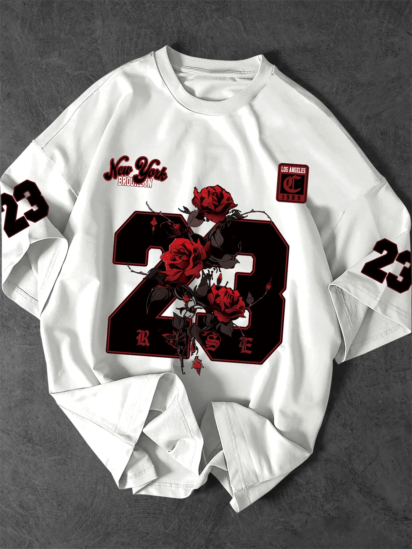 New York 23 Rose Graphic T-Shirt Men Gothic Streetwear Crew Neck Short Sleeve Polyester Tops with Brooklyn & LA Print S-XXL