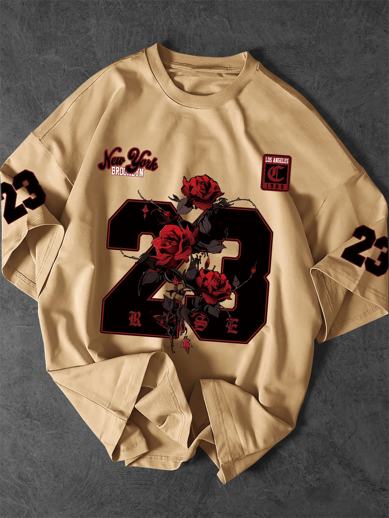 New York 23 Rose Graphic T-Shirt Men Gothic Streetwear Crew Neck Short Sleeve Polyester Tops with Brooklyn & LA Print S-XXL