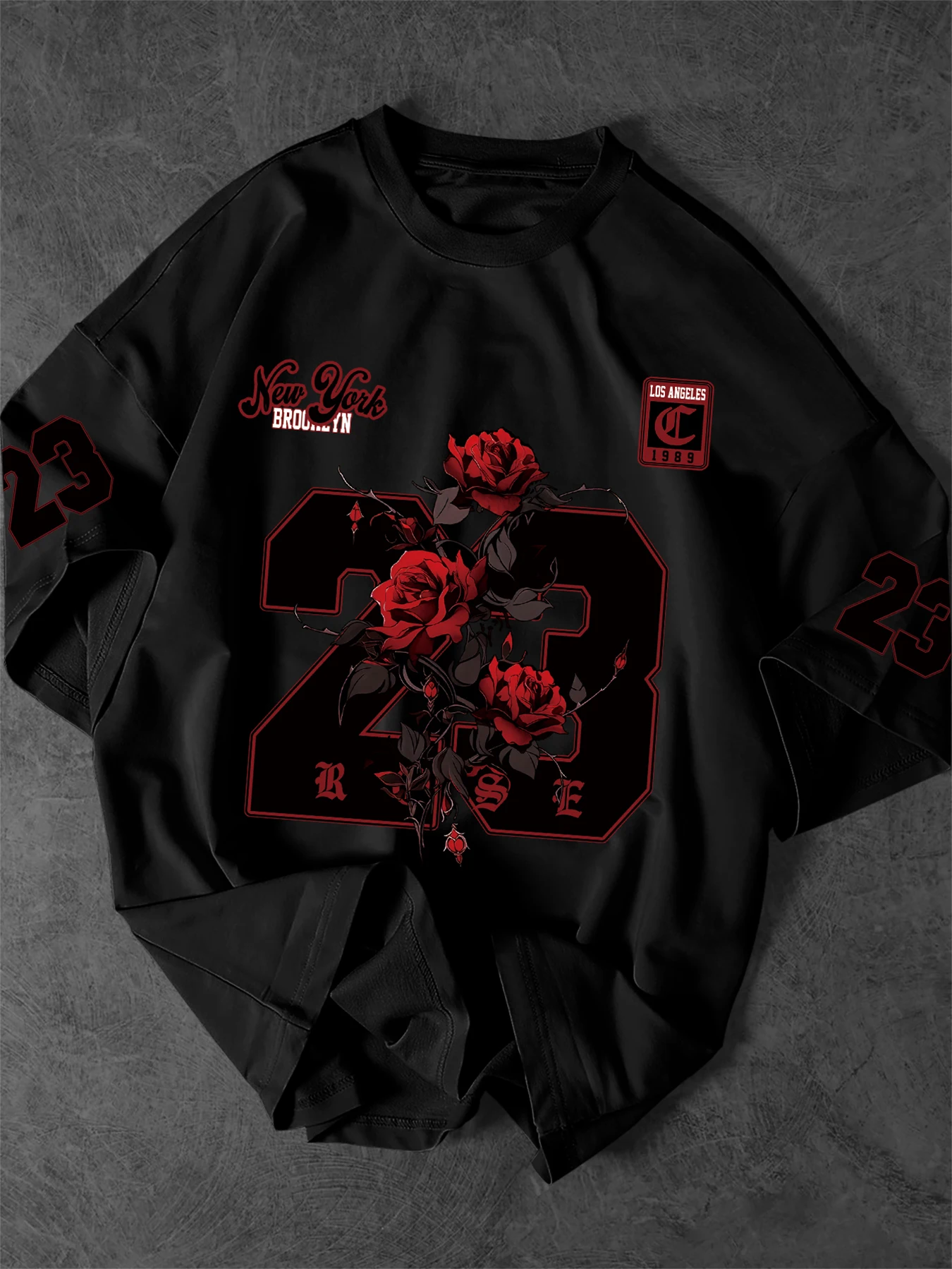 New York 23 Rose Graphic T-Shirt Men Gothic Streetwear Crew Neck Short Sleeve Polyester Tops with Brooklyn & LA Print S-XXL