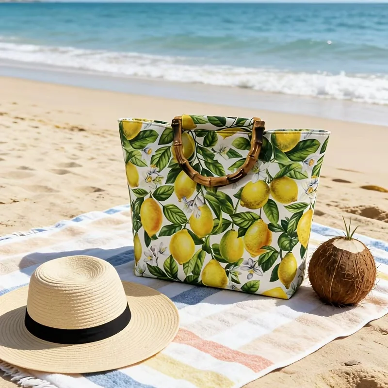 Ethnic Style Women's Large-Capacity Tote Bag, Fresh Lemon Floral Blue Pattern Handbag, High-Quality Imitation Bamboo Handle