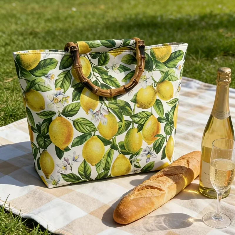 Ethnic Style Women's Large-Capacity Tote Bag, Fresh Lemon Floral Blue Pattern Handbag, High-Quality Imitation Bamboo Handle