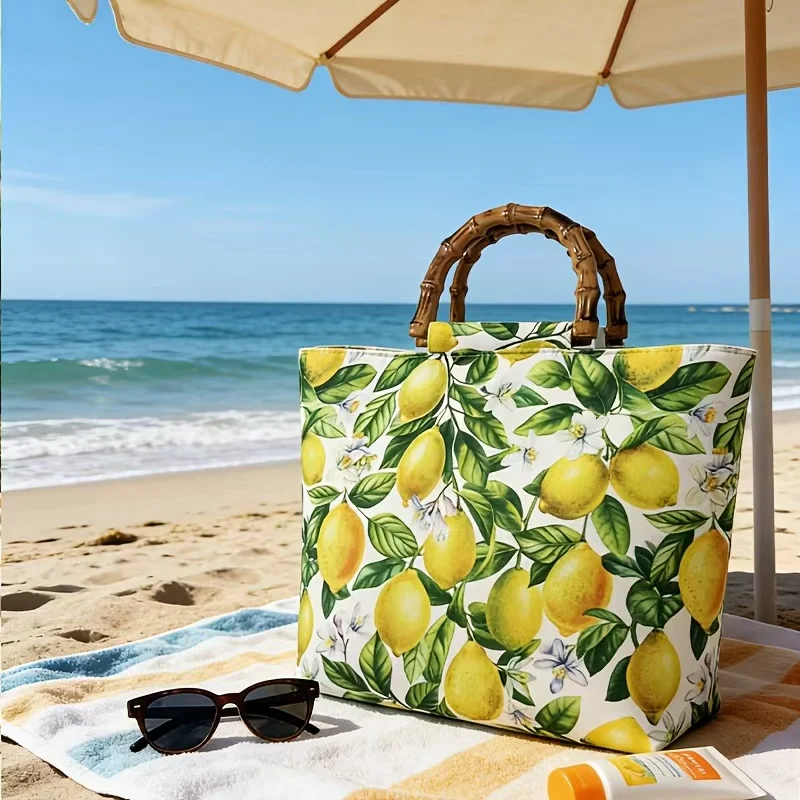 Ethnic Style Women's Large-Capacity Tote Bag, Fresh Lemon Floral Blue Pattern Handbag, High-Quality Imitation Bamboo Handle