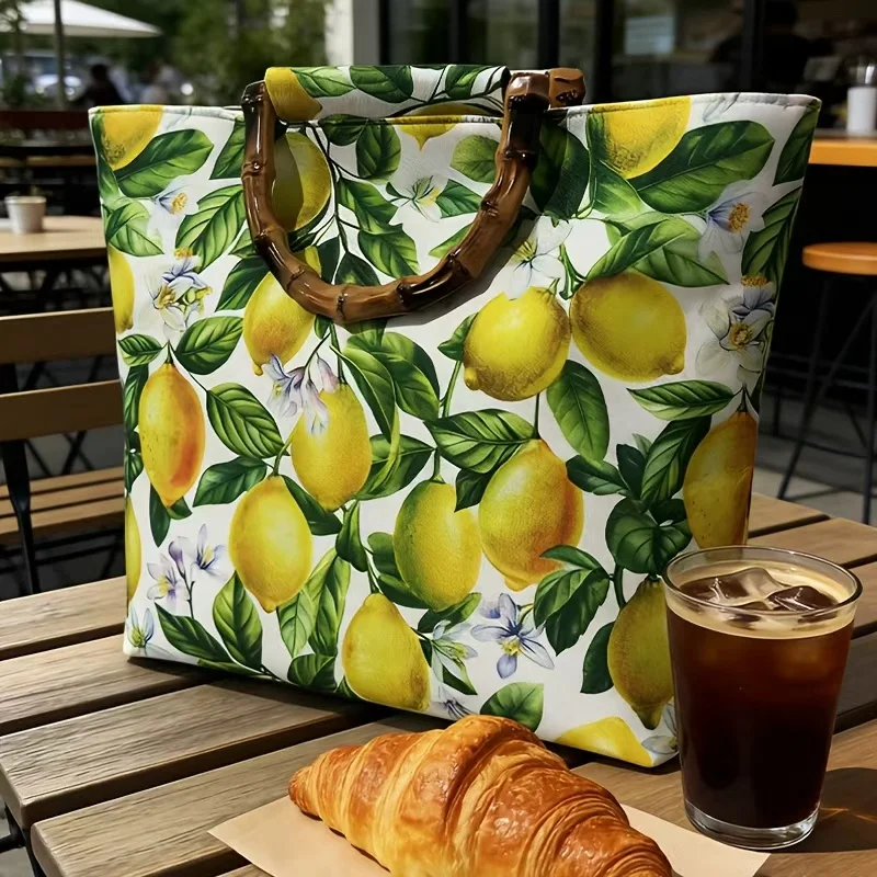 Ethnic Style Women's Large-Capacity Tote Bag, Fresh Lemon Floral Blue Pattern Handbag, High-Quality Imitation Bamboo Handle
