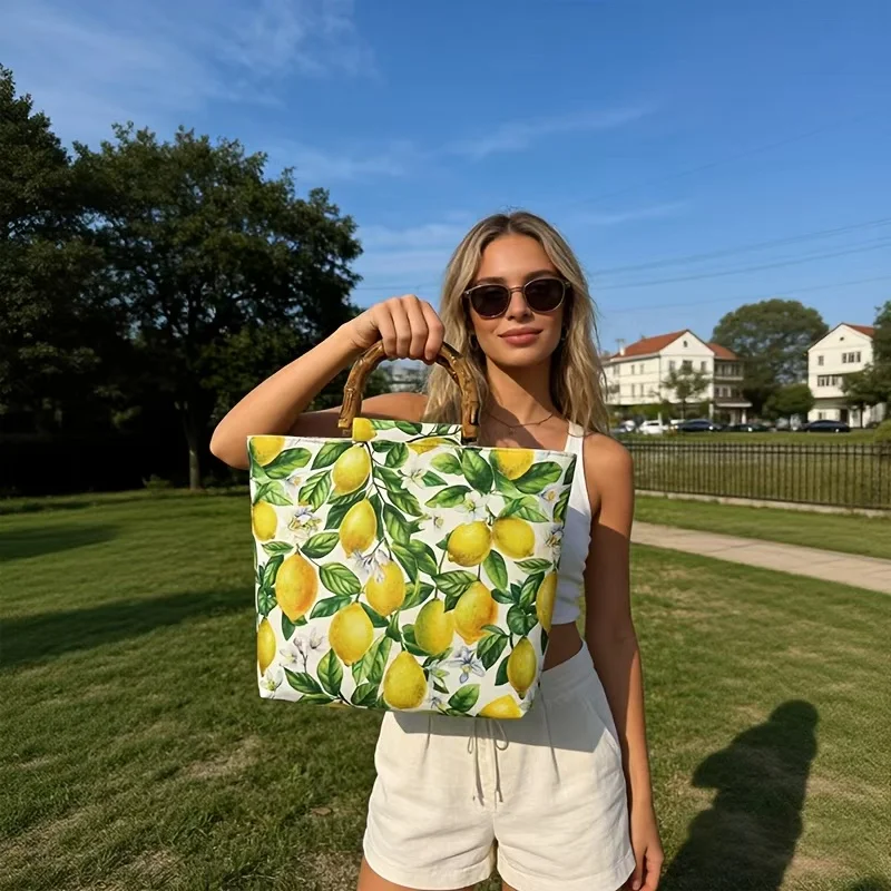 Ethnic Style Women's Large-Capacity Tote Bag, Fresh Lemon Floral Blue Pattern Handbag, High-Quality Imitation Bamboo Handle